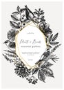 Vintage wreath design with hand-sketched birds illustrations and autumn leaves, berries, flowers. Elegant autumn template for