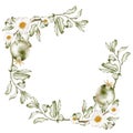 Vintage wreath frame green pomegranates among white flowers on branches with foliage