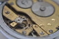 Mechanism of pocket watch 1960s, vintage in zoom Royalty Free Stock Photo