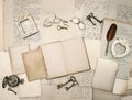 Vintage writing accessories, old letters and frames Royalty Free Stock Photo
