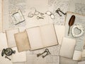 Vintage writing accessories, old letters and frames