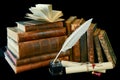 Vintage writing instruments and old books Royalty Free Stock Photo