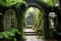 vintage wrought iron archway with ivy creeping up