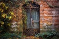 vintage wrought iron gate and brick wall