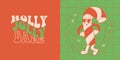 Vintage xmas duotone cards. 60s retro cartoon character of striped candy cane. Groovy quote Holly Jolly babe for Advent