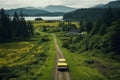 Vintage yellow car driving on forest road, aerial view, summer adventure excursion