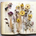 Vintage yellow dried flowers and herbal pressed in the book. Dry rustic bloom floral herbarium in album. Generative AI Royalty Free Stock Photo