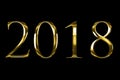 Vintage yellow gold metallic 2018 word text with light reflex on black background with alpha channel, concept of golden luxury hol