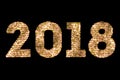 Vintage yellow gold sparkly glitter lights and glowing effect simulating leds happy new year 2018 word text on black background wi Royalty Free Stock Photo
