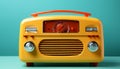 Vintage yellow radio on turquoise background with red details. World Radio Day Royalty Free Stock Photo