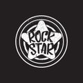 vintage yellow rock star print isolated on grunge grey background. Vector Grunge Rock star emblem,logo and label concept Royalty Free Stock Photo