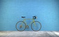 Vintage yellow sports bike stands on a background of blue brick wall, 3D rendering Royalty Free Stock Photo