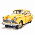 Vintage Yellow Taxi Watercolor Clipart Royalty Free Stock Photo