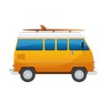 Vintage yellow travel minibus. Camper cartoon van. Tourist coach in flat design with surf board