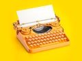 Vintage yellow typewriter on blue background with space for texto on a sheet