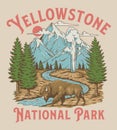 Vintage Yellowstone National Park Bison Mountain Geyser Scene Royalty Free Stock Photo
