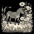 Vintage Zebra In A Field Of Flowers: Monochromatic Graphic Design Inspired By Arthur Sarnoff Royalty Free Stock Photo