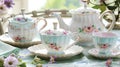 A vintageinspired porcelain tea set with a delicate scalloped edge and dainty pastelcolored flowers adorning the edges.