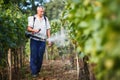 Vintner in his vineyard spraying chemicals