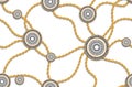 Vinttage Seamless Fashion Pattern of Golden Chains and versace motif isolated on white background. Fabric Design Background with C Royalty Free Stock Photo