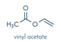 Vinyl acetate, polyvinyl acetate PVA, PVAc glue building block. PVA is used in a number of glue types. Skeletal formula.