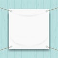 Vinyl banner blank white isolated on pastel wood frame, white mock up textile fabric empty for banner advertising stand hanging Royalty Free Stock Photo
