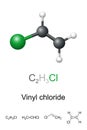 Vinyl chloride, VCM, chloroethene, molecule model and chemical formul