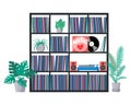 Vinyl collection on shelves with turntable and acoustic system. Stacks of music records in sleeves. Interior with home