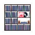 Vinyl collection on shelves with turntable and acoustic system. Stacks of music records in sleeves. Vector