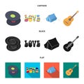 Vinyl discs, guitar, tent.Hippy set collection icons in cartoon,black,flat style vector symbol stock illustration web. Royalty Free Stock Photo