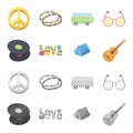 Vinyl discs, guitar, tent.Hippy set collection icons in cartoon,monochrome style vector symbol stock illustration web. Royalty Free Stock Photo