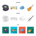 Vinyl discs, guitar, tent.Hippy set collection icons in cartoon,outline,flat style vector symbol stock illustration web. Royalty Free Stock Photo