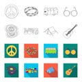 Vinyl discs, guitar, tent.Hippy set collection icons in outline,flet style vector symbol stock illustration web. Royalty Free Stock Photo