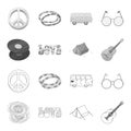 Vinyl discs, guitar, tent.Hippy set collection icons in outline,monochrome style vector symbol stock illustration web. Royalty Free Stock Photo