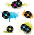 Vinyl disks and stains, blots, flying music notes colorful compositions. Set of abstract vector illustration on various music