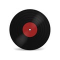 Vinyl LP record with red label. Black musical long play album disc 33 rpm. Old technology, realistic retro design, mockup i Royalty Free Stock Photo