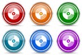 Vinyl music silver metallic glossy icons, set of modern design buttons for web, internet and mobile applications in 6 colors
