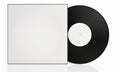 Vinyl record black blank white cover on a white background There is a reflection on the ground. A device for playing music in