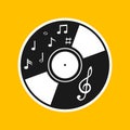 Vinyl record icon. Black vinyl record icon on yellow background in flat design. Vinyl record cartoon illustration for your design Royalty Free Stock Photo