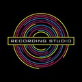 Vinyl record logo for a recording studio. Vinyl line on a black background. Vector.