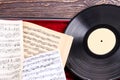 Vinyl record and musical notes close up.