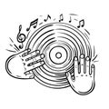 Vinyl record and musical notes.Disc with dj hand vector sketch icon isolated on background Royalty Free Stock Photo