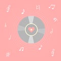 Vinyl record with notes and heart. Royalty Free Stock Photo