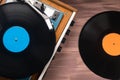 Vinyl record in an old turntable, close-up top view Royalty Free Stock Photo