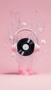 Vinyl record with over-ear headphones, with dynamic explosion of flowers and particles.