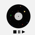 vinyl record with planets, record with icons play music, play forward and backward, musical retro illustration of a disc for Royalty Free Stock Photo