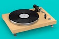 Vinyl record player or DJ turntable with retro vinyl disk on green background. Royalty Free Stock Photo