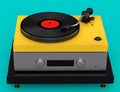 Vinyl record player or DJ turntable with retro vinyl disk on green background. Royalty Free Stock Photo
