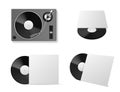 Vinyl record player mockup. Realistic vinyl turntablism, isolated black plate disc in different angles, blank cardboard Royalty Free Stock Photo