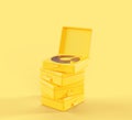 Vinyl record players in yellow monochrome design 3d render. Realistic stack of open and closed suitcases of vintage